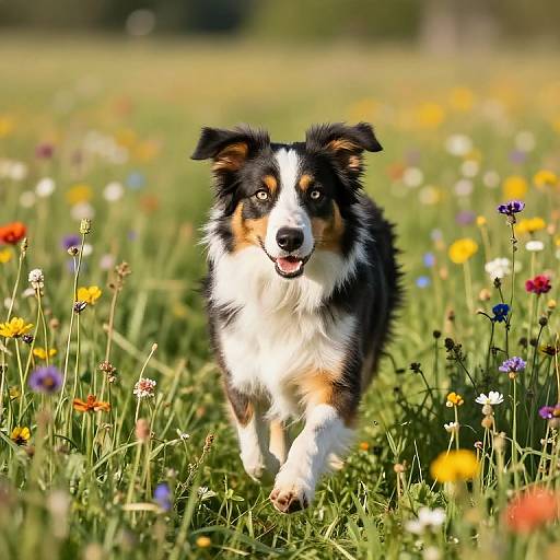 Photograph of a happy, black-and-white-and-brown Border Collie running through a colorful, sunlit meadow filled with blooming wildflowers