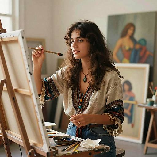 Photograph of a young woman with curly brown hair, wearing a fringe-patterned top, painting on an easel in a sunlit studio.