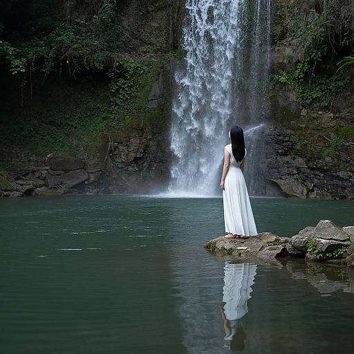 Photograph of a young woman with long black hair in a white dress, standing on rocks by a tranquil waterfall in a forest, with her reflection visible
