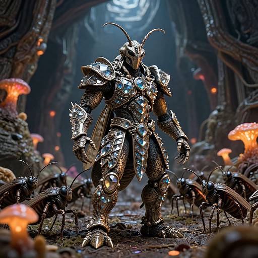 Digital artwork of a futuristic, armored insectoid warrior with glowing blue accents, standing in a dark, fungal forest with glowing mushrooms and swarming insects.
