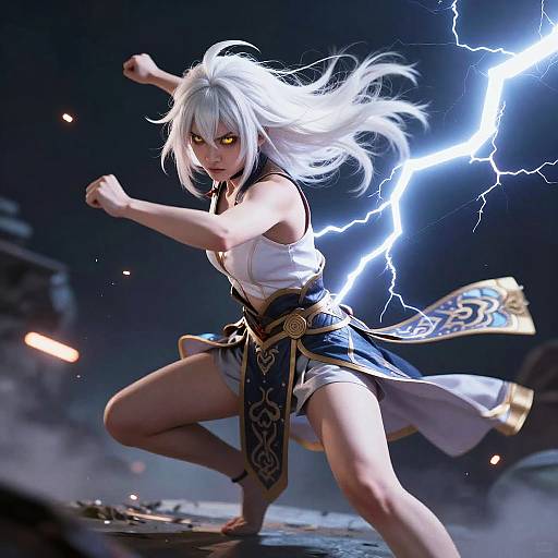 Dynamic White-Haired Warrior with Thunder