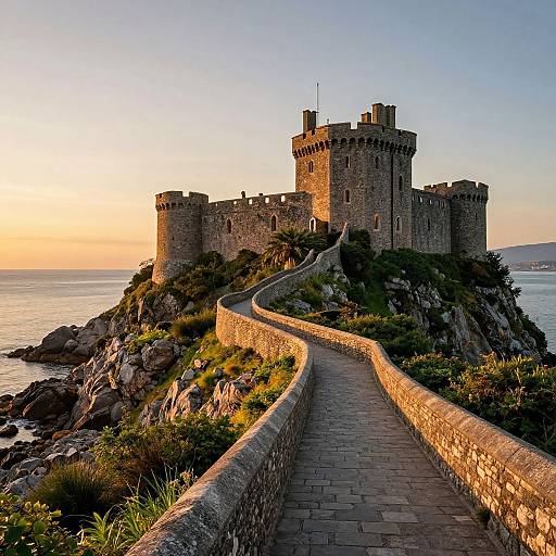 Historic Castle on Rocky Cliff Sunset
