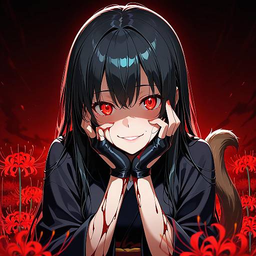 Anime-style digital drawing of a black-haired girl with red eyes, blood on her hands and cheeks, smiling mischievously in a field of red