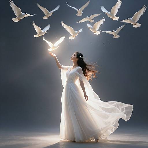 Photograph of a serene woman in a flowing white dress, reaching upwards to touch radiant white doves, illuminated against a dark, ethereal background.
