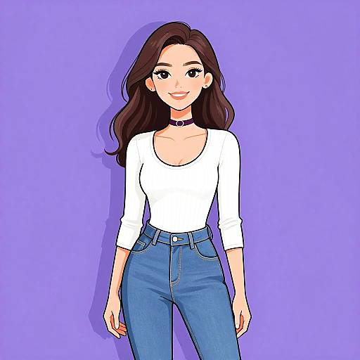 Digital illustration of a smiling woman with long brown hair, wearing a white long-sleeve top, blue high-waisted jeans, and a black