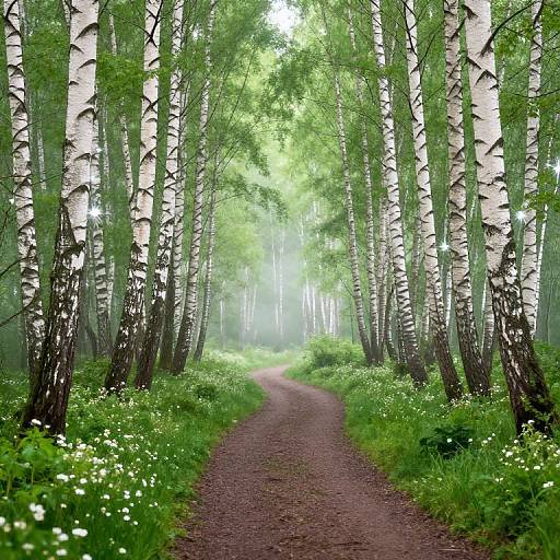 Birchwood Pathway in Misty Enchanted Forest