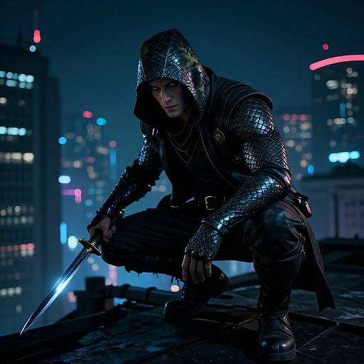 Cyborg warrior in metallic armor crouches on rooftop at night, holding glowing sword, cityscape with neon lights in background. Photorealistic CGI