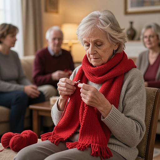Photograph of an elderly woman with white hair, knitting with red yarn, wearing a red scarf and gray sweater, seated in a cozy living room with