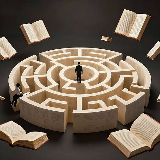 Photograph: Illuminated maze made of open books with silhouetted figures; one stands at center, another kneels at edge, surrounded by