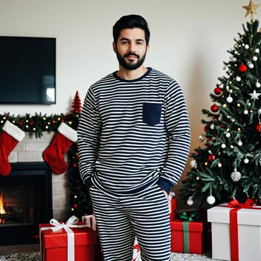 Man in Striped Christmas Pajamas by Fireplace and Tree