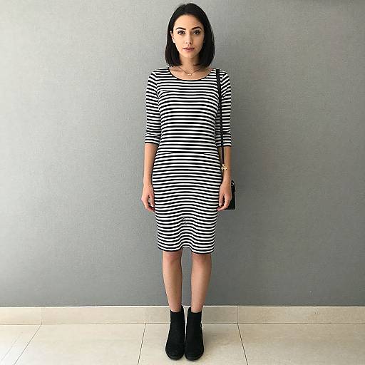 Photograph of a young woman with pale skin, black shoulder-length hair, wearing a black-and-white striped dress and black ankle boots, standing against a