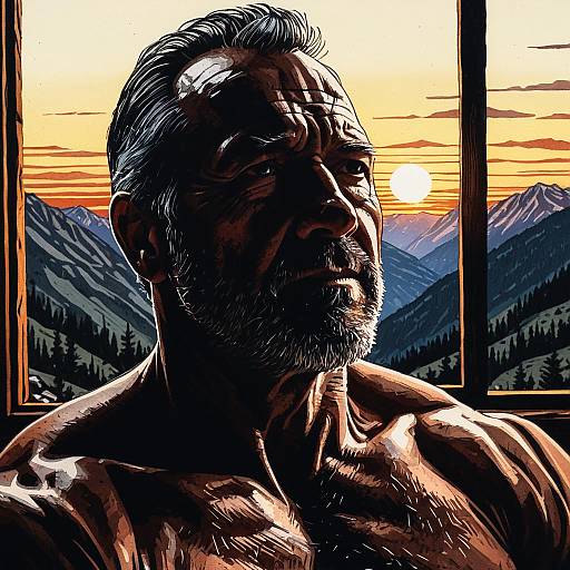 Illustration of Muscular Middle-Aged Man in Mountain Cabin at Sunset