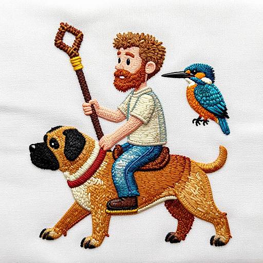 Embroidery of Man Riding Mastiff with Kingfisher