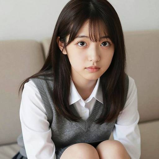 Japanese Girl in School Uniform Sitting on Couch