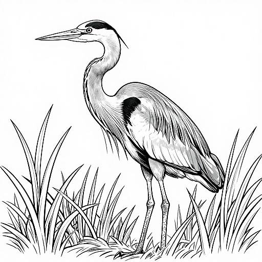 Black and white ink drawing of a standing heron with detailed feathers and grasses in the foreground, showcasing intricate line work.