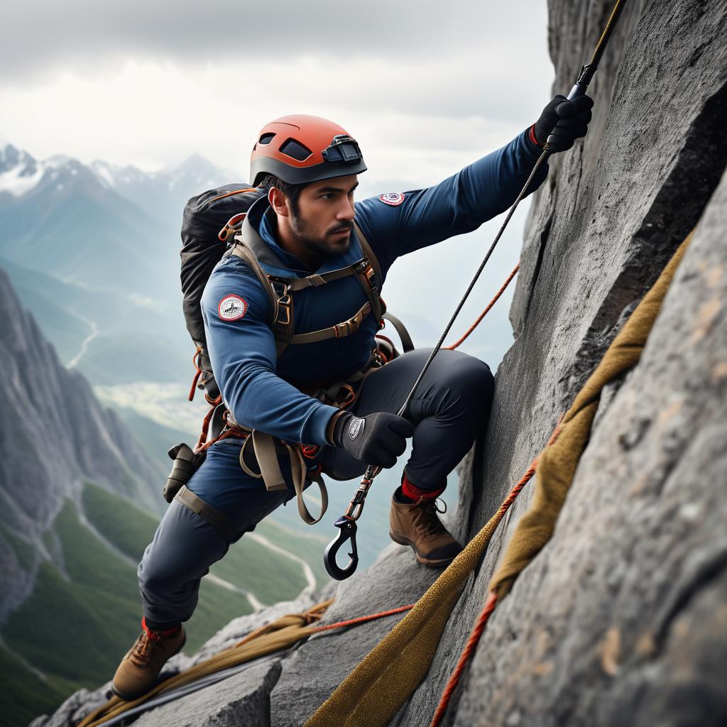 Athlete Scaling Mountain with Grappling Hook