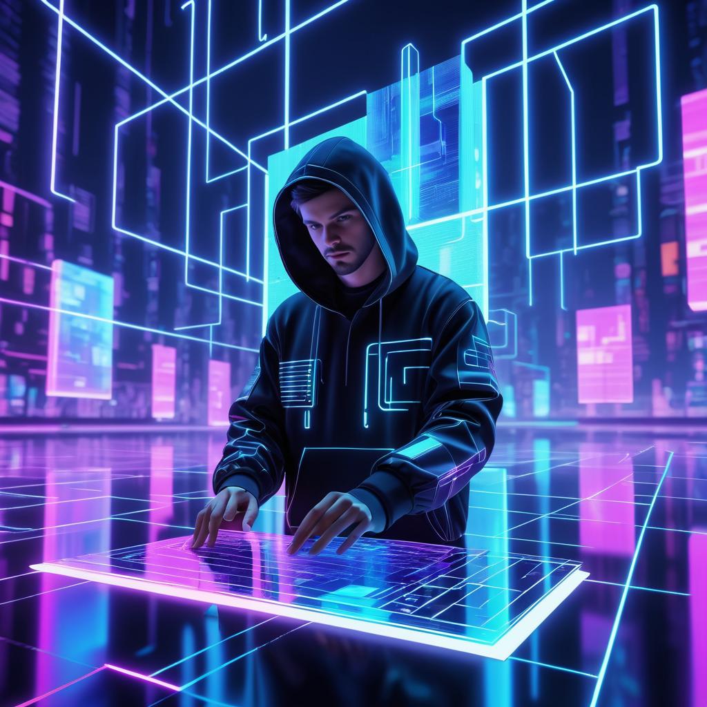 Futuristic Hacker in Neon Urban Landscape