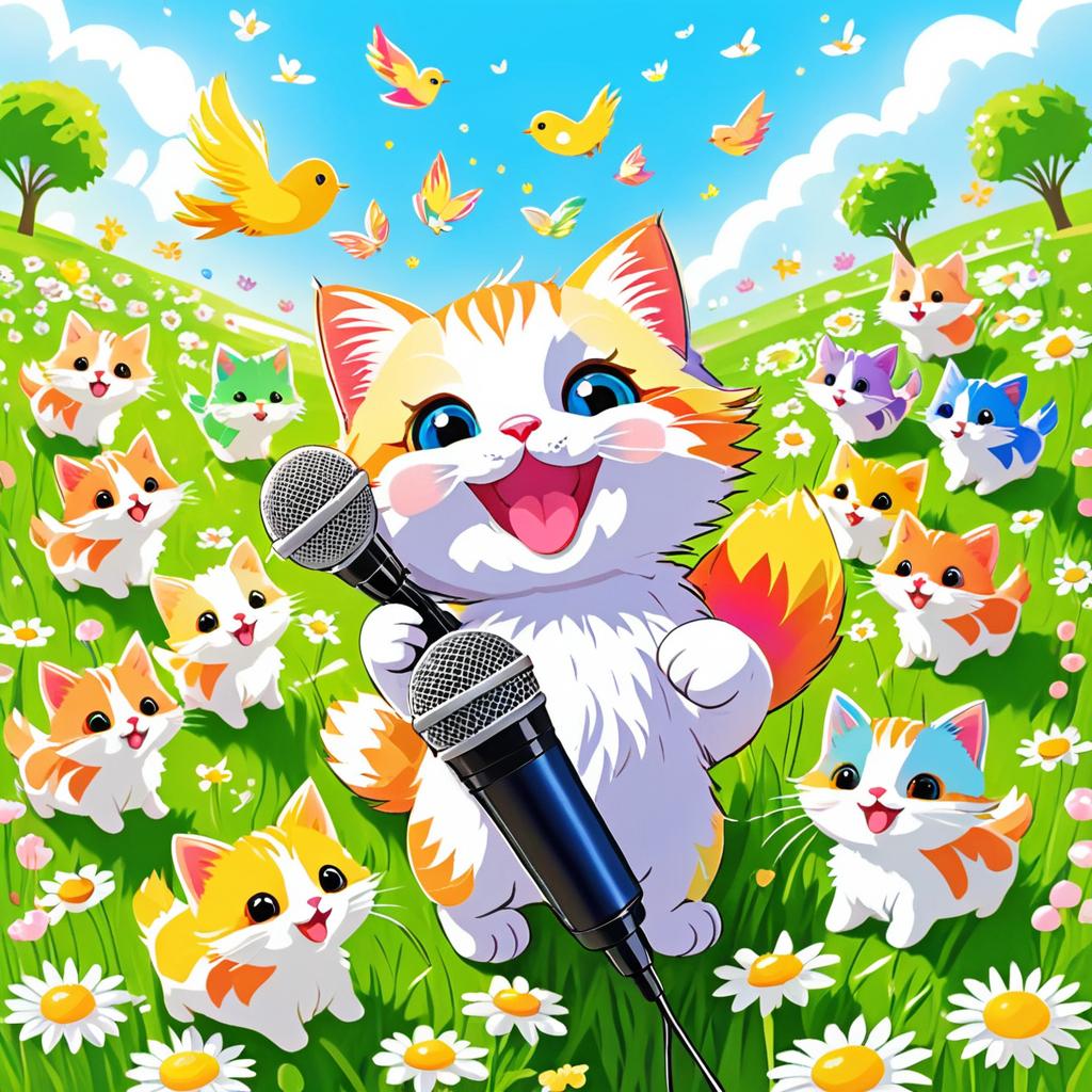 Joyful Kitten Singing in Sunny Meadow