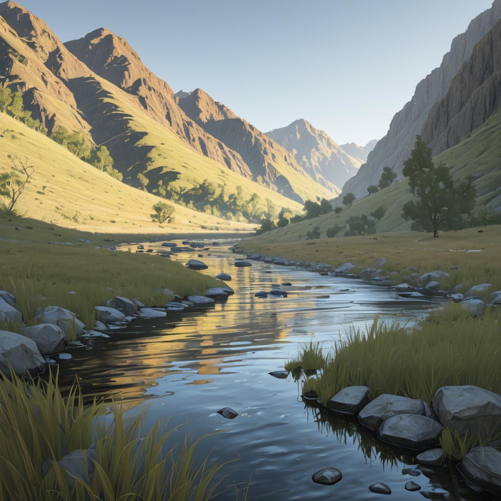 Serene Rippling Creek Valley Landscape Scene