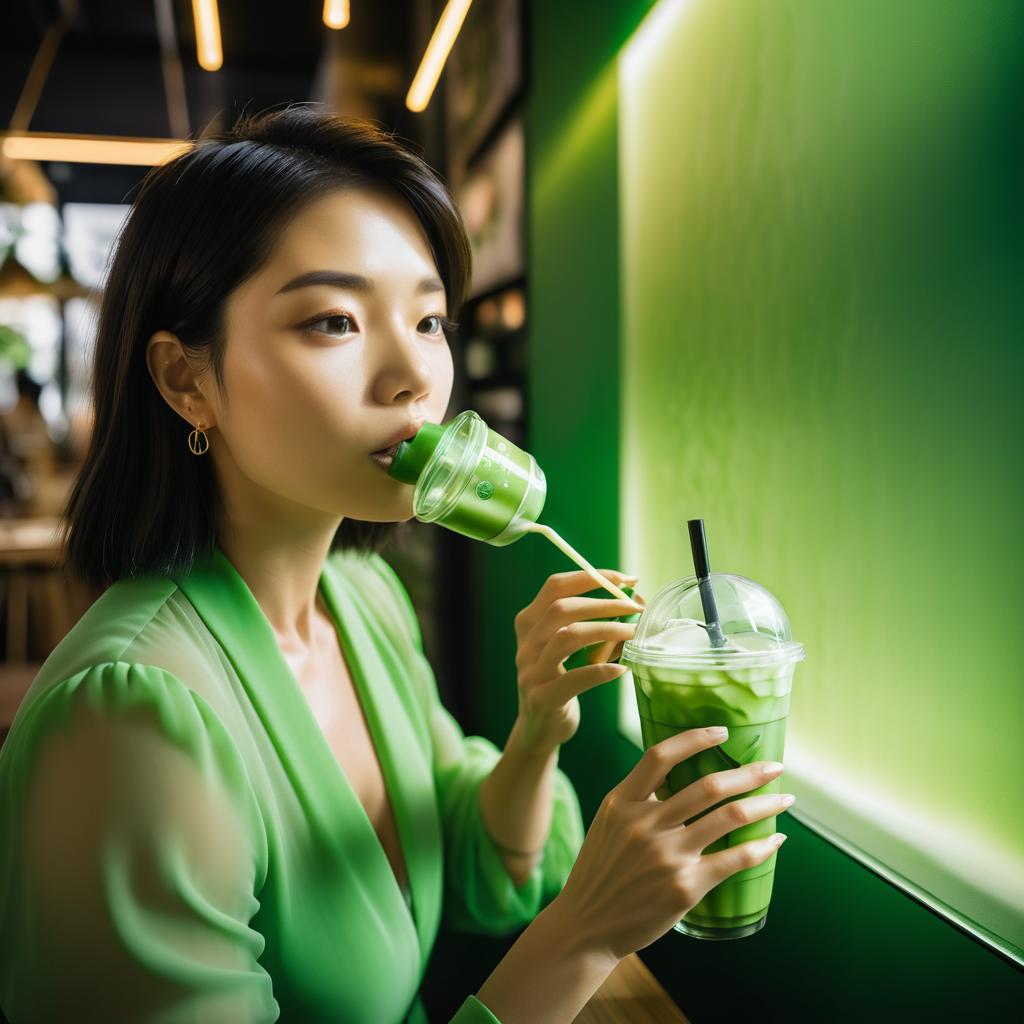 Artistic Photography of Woman Enjoying Matcha Latte