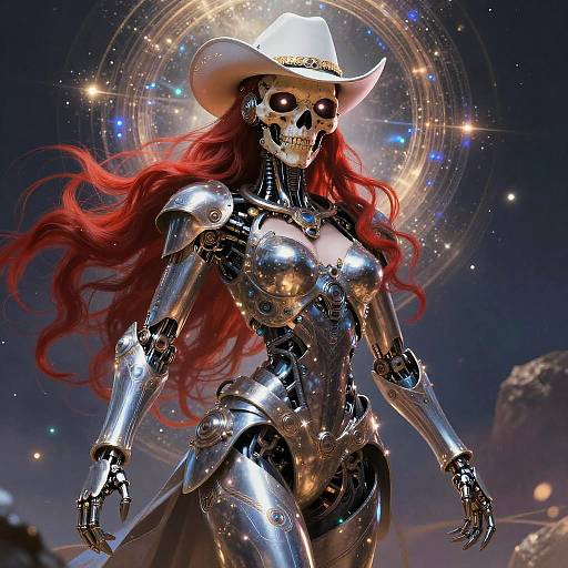 Cybernetic Cowboy Skeleton Robot with Red Hair