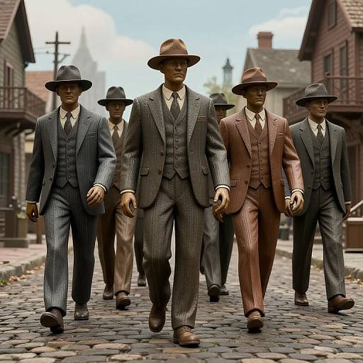 Digital artwork of six men in 1930s-style suits and hats walking down a cobblestone street in a historic village.