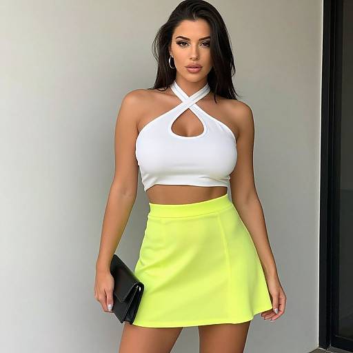Photograph of a tall, attractive woman with long black hair, wearing a white halter top with a keyhole cutout and a bright yellow mini