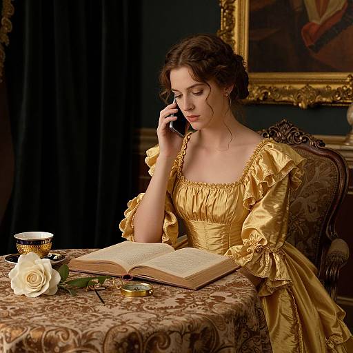 Victorian-era woman in yellow satin dress, with curly brown hair, reading book, on ornate table, talking on phone, with white rose and