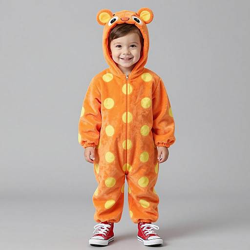 Smiling Boy in Orange Polka Dot Costume