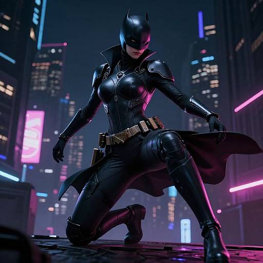 CGI image of Batwoman in black leather suit, crouching in neon-lit cityscape. She has bat-ears helmet, utility belt