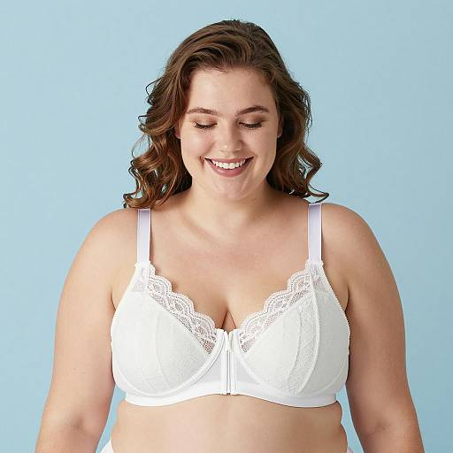 Smiling Plus-Sized Woman in Lace Bra