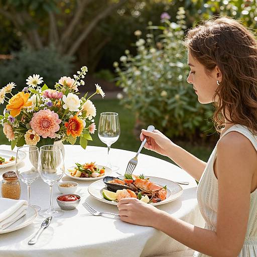 Woman Enjoying Elegant Summer Garden Meal