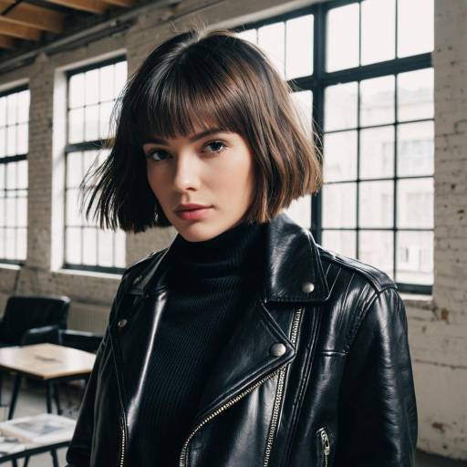 Fashion Model with French Bob Hairstyle in Leather Jacket