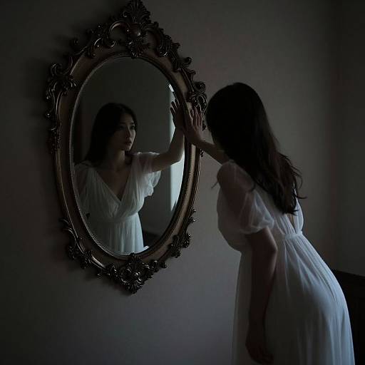 Silhouetted woman in white dress touches ornate mirror, reflecting her solemn face; dim, moody lighting casts dramatic shadows. Photograph.