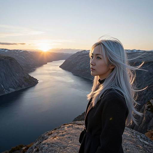 Photograph of a blonde woman with fair skin in a black coat, standing on a rocky cliff at sunset, overlooking a calm, narrow fjord with
