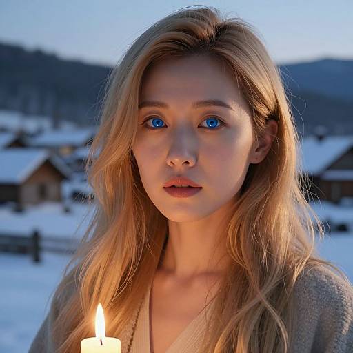 Photograph of a blonde woman with blue eyes, illuminated by a candle in a snowy village at dusk, wearing a gray sweater.