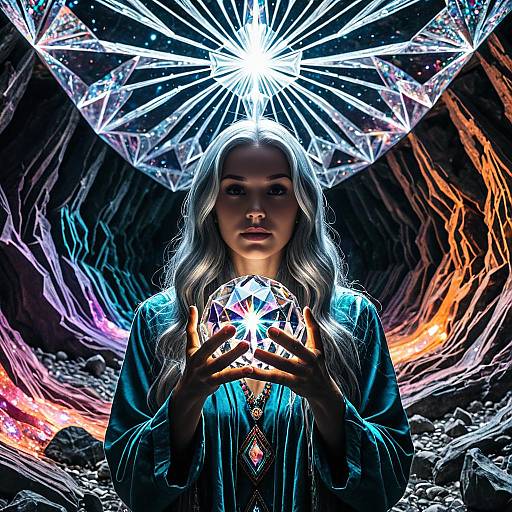 Woman Holding Glowing Crystal Orb in Psychedelic Cavern