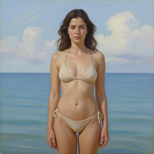 Photograph of a young woman with long dark hair, wearing a beige string bikini, standing in shallow ocean water under a blue sky with fluffy clouds.