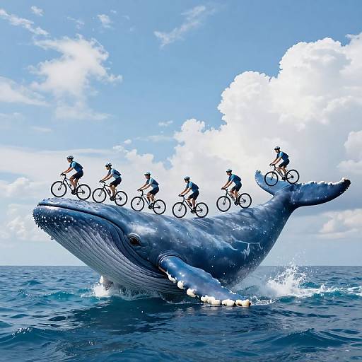 Cyclists Balancing on Giant Blue Whale