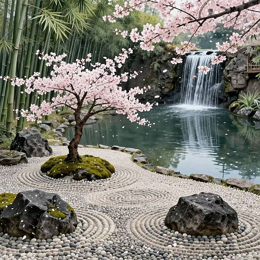 Photograph of a serene Japanese garden with a cherry blossom tree, raked gravel, rocks, bamboo, and a cascading waterfall.