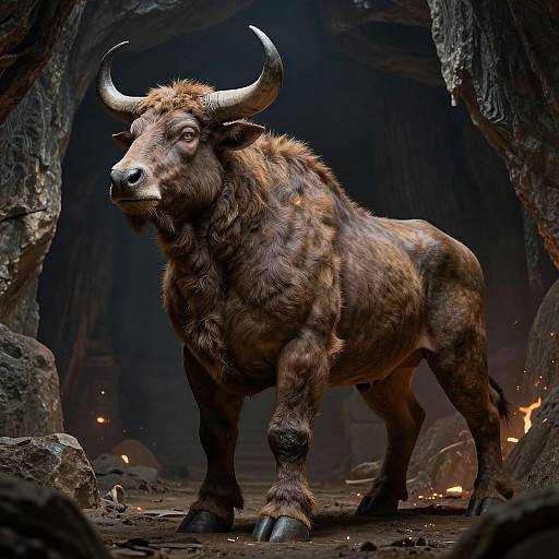 Photorealistic CGI of a majestic, muscular minotaur with large horns standing in a dark, cavernous cave with glowing embers.