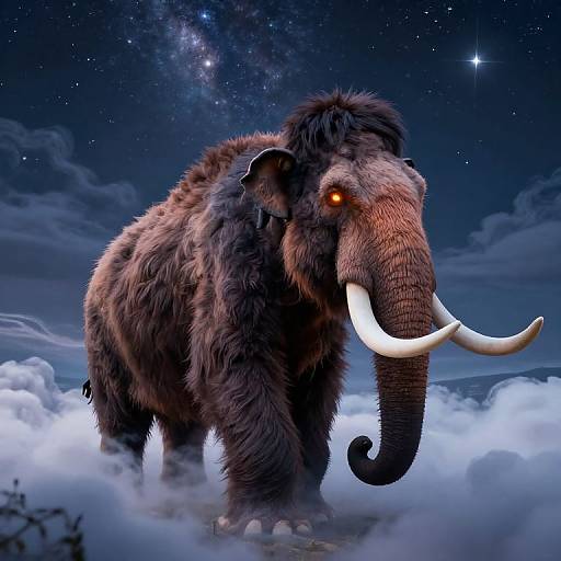 Digital artwork of a fierce, fur-covered woolly mammoth with glowing orange eyes, large white tusks, and a dark, starry night sky