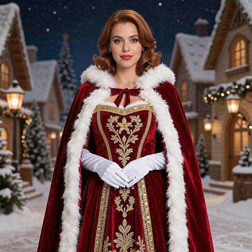 Photorealistic image of a fair-skinned woman with brown hair, wearing a red velvet medieval-style gown with white fur trim and gold embroidery, standing