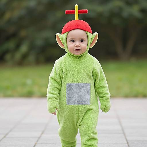 Photograph of a baby in a green, elf-like costume with red hat and yellow cross, standing on a tiled path, blurred greenery background.