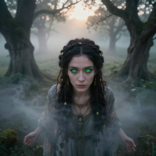 Photorealistic digital artwork of a pale, green-eyed woman with wet, dark braided hair, wearing a tattered dress, standing in a mist
