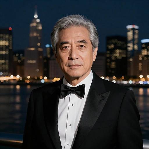 Serious Man in Tuxedo Against City Nightscape