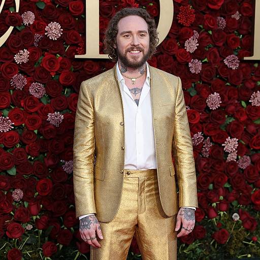 Photograph of a bearded man with curly hair, wearing a gold suit and white shirt, standing in front of a dense red rose backdrop.