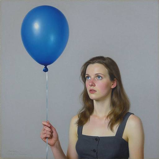Photograph of a fair-skinned woman with brown hair, wearing a black sleeveless dress, holding a blue balloon against a plain gray background. She