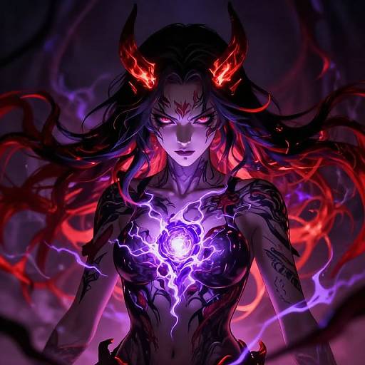Digital art of a demonic woman with glowing red eyes, red horns, black hair, and purple electricity emanating from her chest, set against a dark