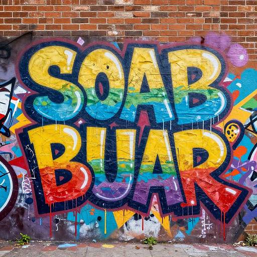 Vibrant graffiti on a brick wall reads 